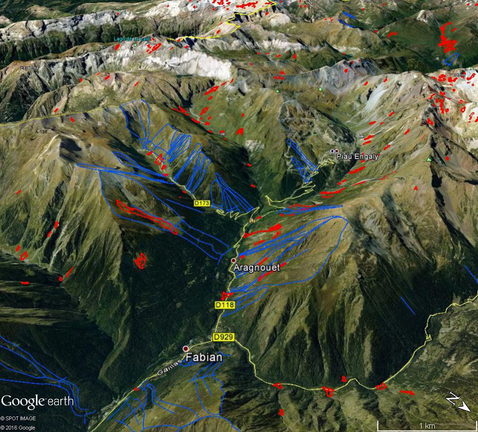 Cartographie de dépôts d'avalanches près d'Aragnouet dans les Pyrénées, en mars 2015.