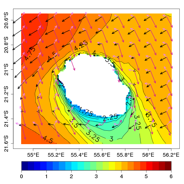 Hauteur significative des vagues de la mer totale (m) de WW3 le 31 janvier 2013 à 18 h UTC, lors du passage de l’ouragan Felleng (catégorie 3) à La Réunion. Les flèches violettes foncées représentent la direction de la houle primaire, les claires la houle secondaire et les noires la mer de vent.