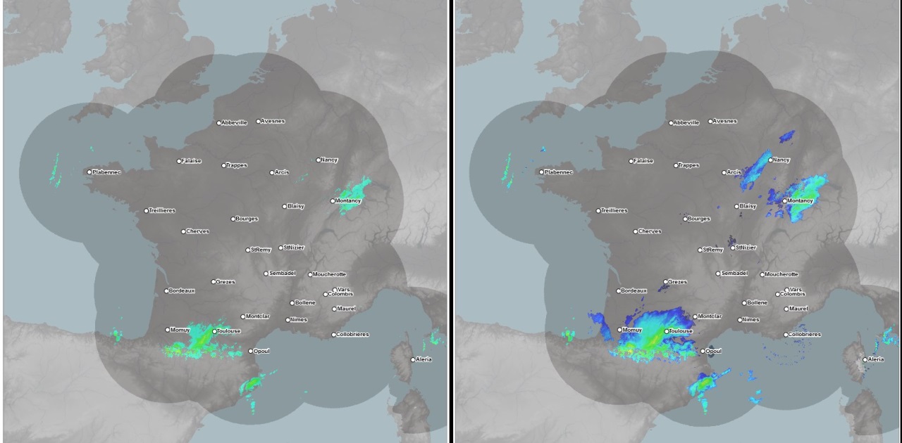 Traitement des données radar lors d’un épisode neigeux : avec l’ancien logiciel SYCOMORE (à gauche) ; avec le nouveau logiciel SERVAL (à droite). © Météo-France