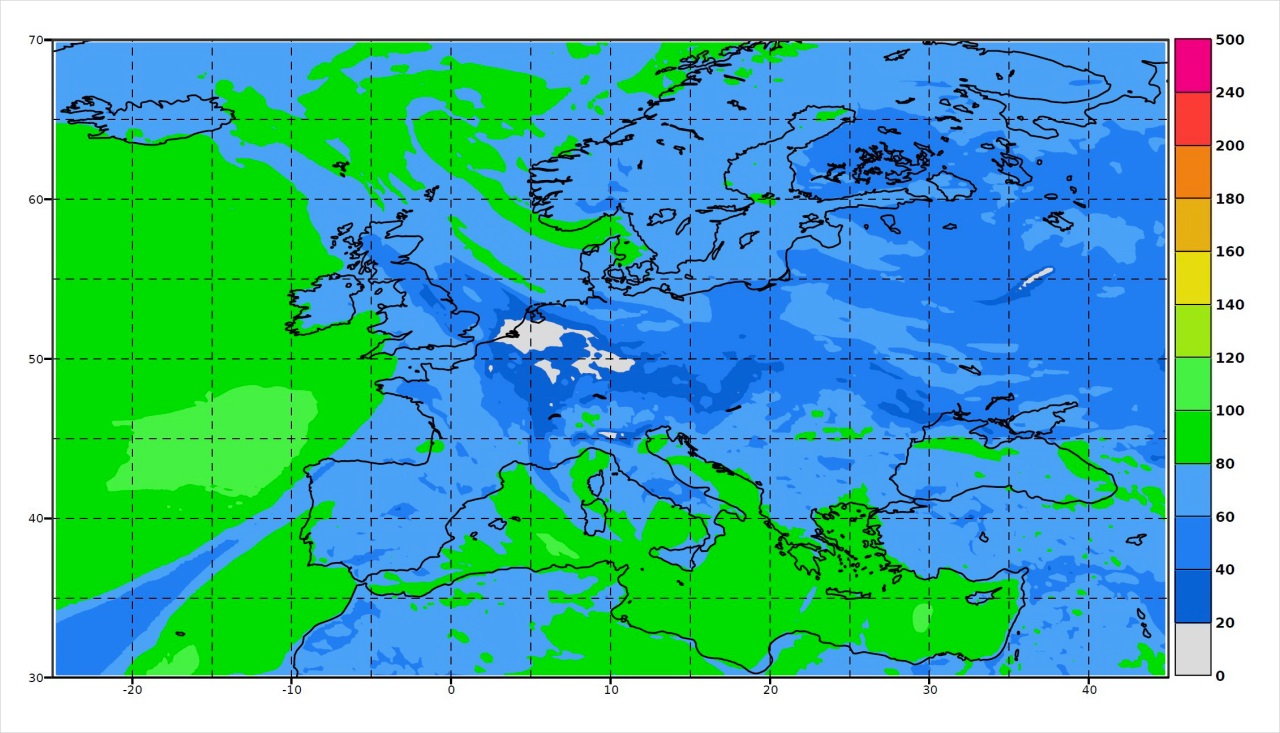 Carte de prévision de la teneur en ozone atmosphérique